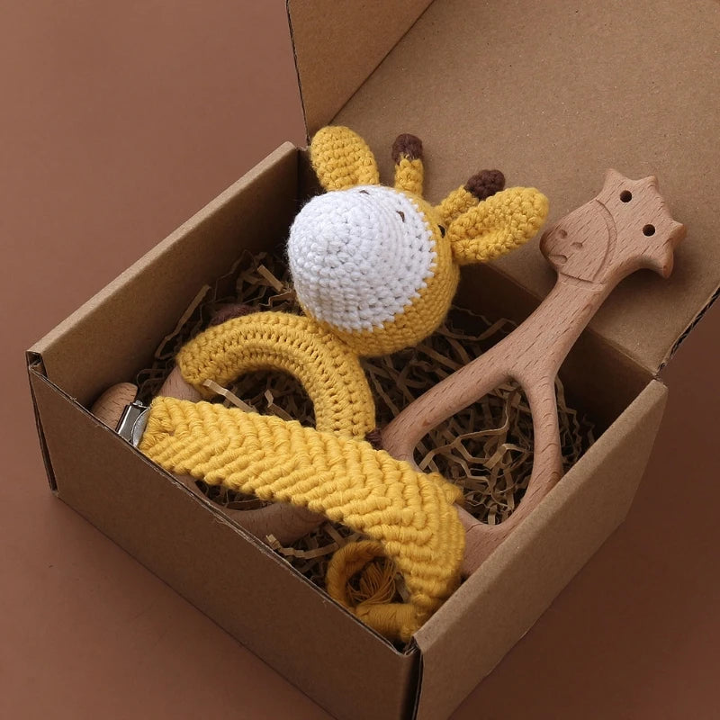 Crochet Bunny Baby Teether & Rattle Set | Beech Wooden Teething Ring + Pacifier Clip | Newborn Montessori Educational Toy