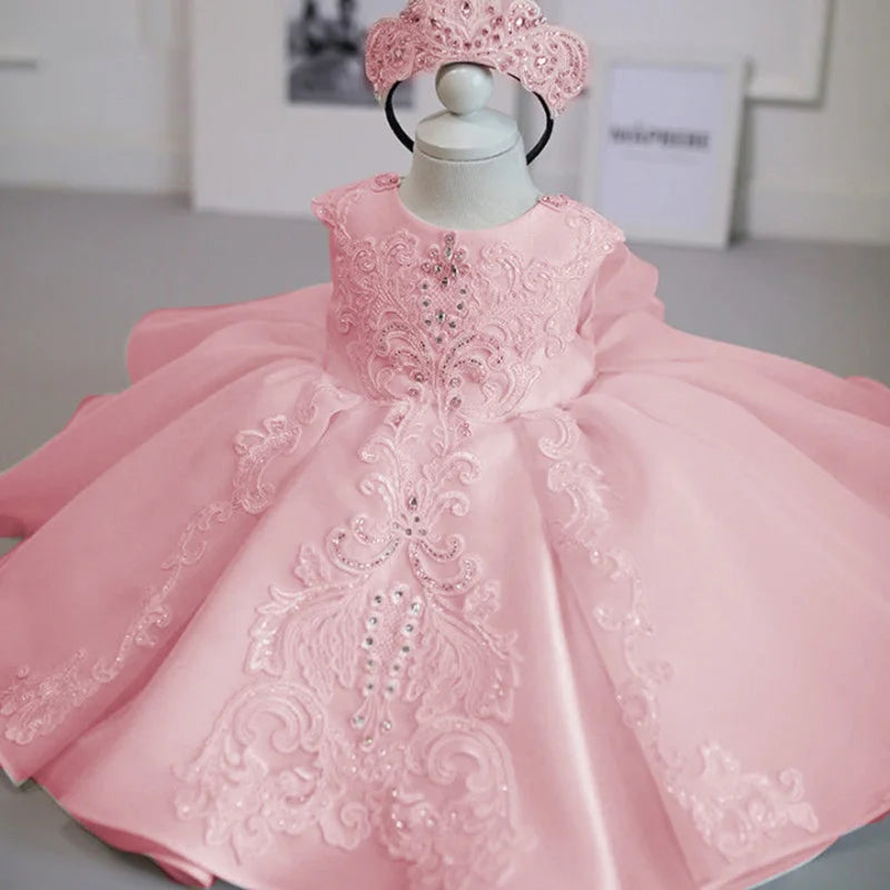 Baby Girl Elegant Dress | White & Pink Princess Outfit | 1st Birthday, Baptism, Christmas & Christening Party Dress