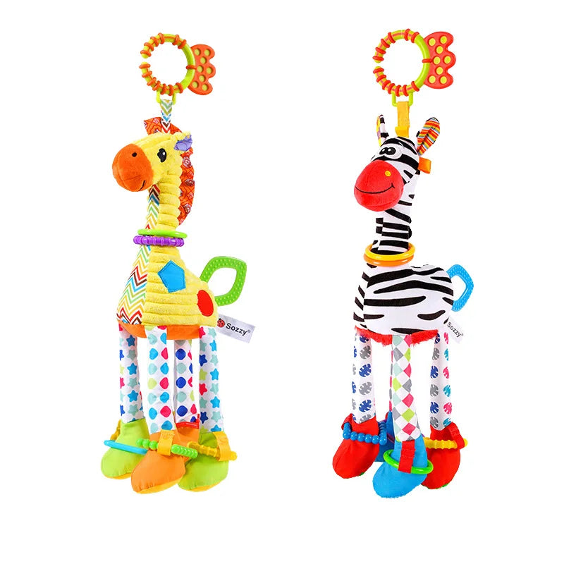 Soft Giraffe & Zebra Animal Handbell Rattle Plush Baby Toy with Teether | Infant Developmental Handle Toys for Newborn Gifts