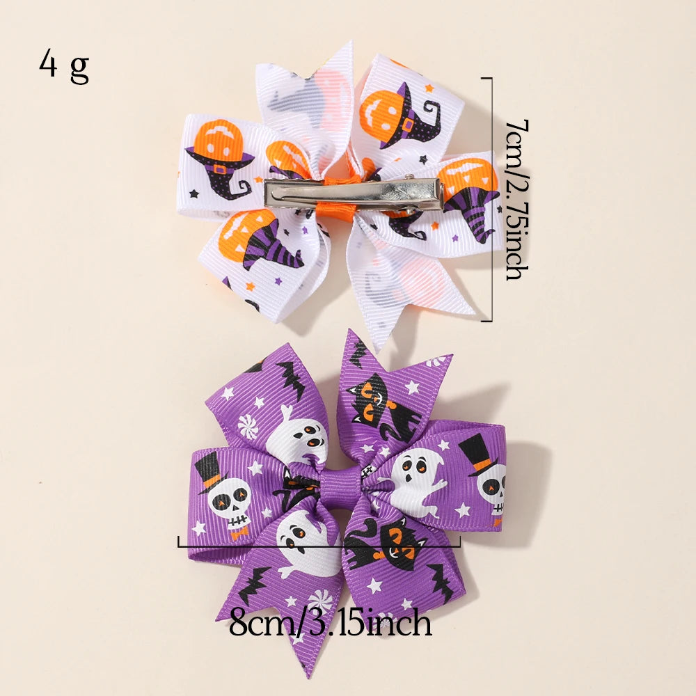 2PCS Baby Girl Halloween Hair Bows | Pumpkin Ghost Print Hair Clips | Toddler Kids Bowknot Hairpins & Accessories