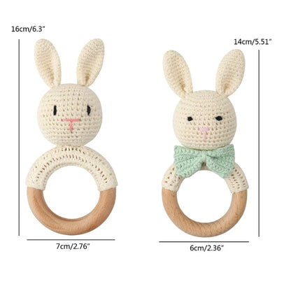 Crochet Bunny Baby Teether & Rattle Set | Beech Wooden Teething Ring + Pacifier Clip | Newborn Montessori Educational Toy