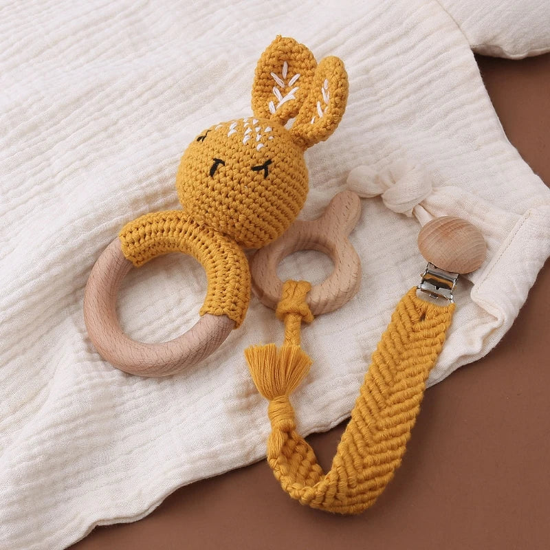 Crochet Bunny Baby Teether & Rattle Set | Beech Wooden Teething Ring + Pacifier Clip | Newborn Montessori Educational Toy