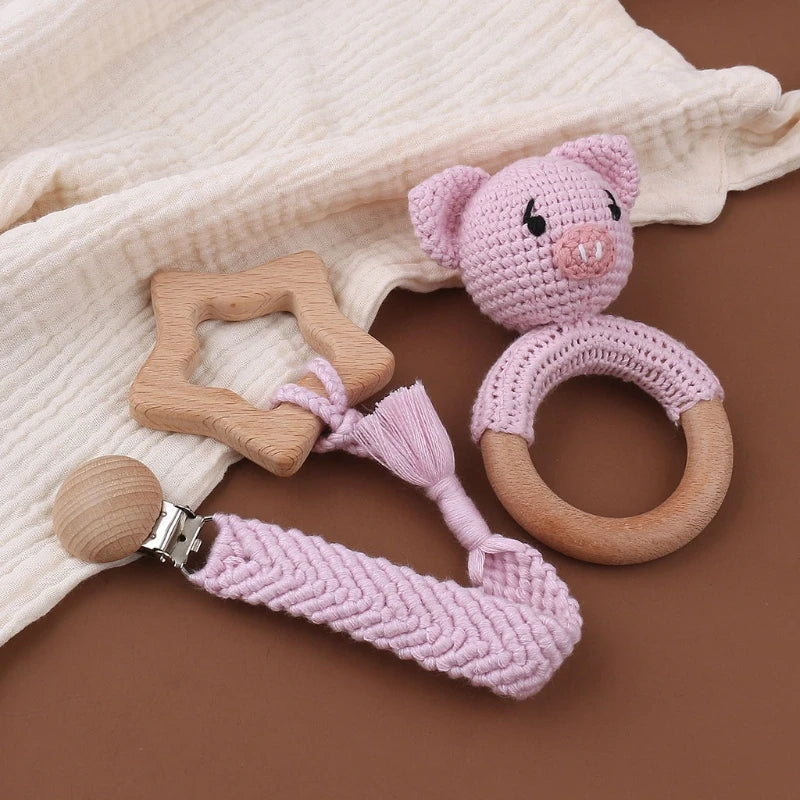 Crochet Bunny Baby Teether & Rattle Set | Beech Wooden Teething Ring + Pacifier Clip | Newborn Montessori Educational Toy
