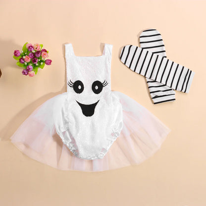 Baby Girl Halloween Outfit | Sleeveless Sequin Tulle Romper Jumpsuit + Striped Leg Warmers | Infant Toddler Costume Clothes
