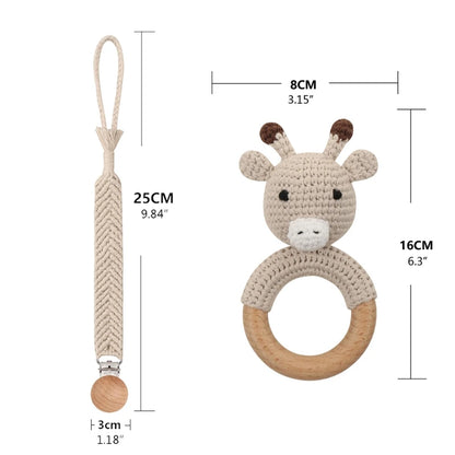 Crochet Bunny Baby Teether & Rattle Set | Beech Wooden Teething Ring + Pacifier Clip | Newborn Montessori Educational Toy
