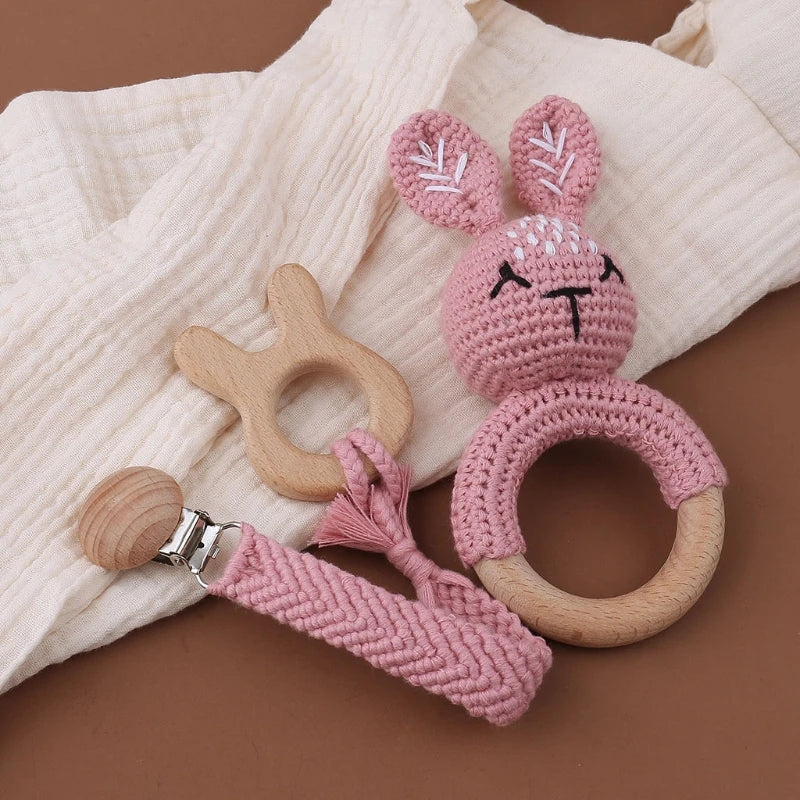 Crochet Bunny Baby Teether & Rattle Set | Beech Wooden Teething Ring + Pacifier Clip | Newborn Montessori Educational Toy