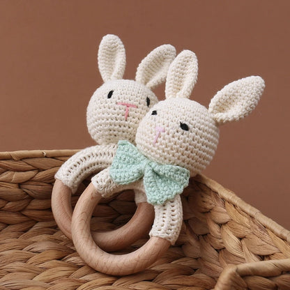 Crochet Bunny Baby Teether & Rattle Set | Beech Wooden Teething Ring + Pacifier Clip | Newborn Montessori Educational Toy