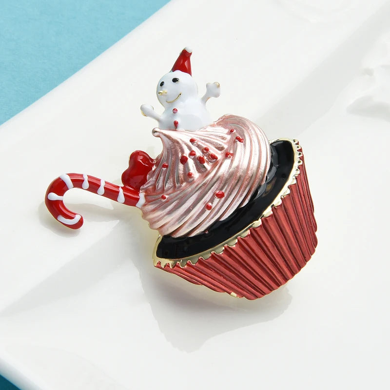Wuli&baby Christmas Cupcake Brooch | Enamel Snowman Dessert Pin | Holiday Jewelry Gift for Women & Unisex Party Accessories