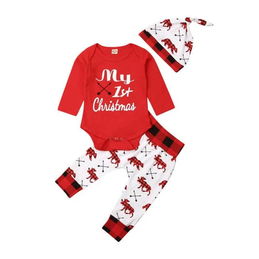 Baby Boy “My First Christmas” Outfit Set | Letter Print Romper + Pants + Hat (2–3 Pcs, Newborn–18 Months)