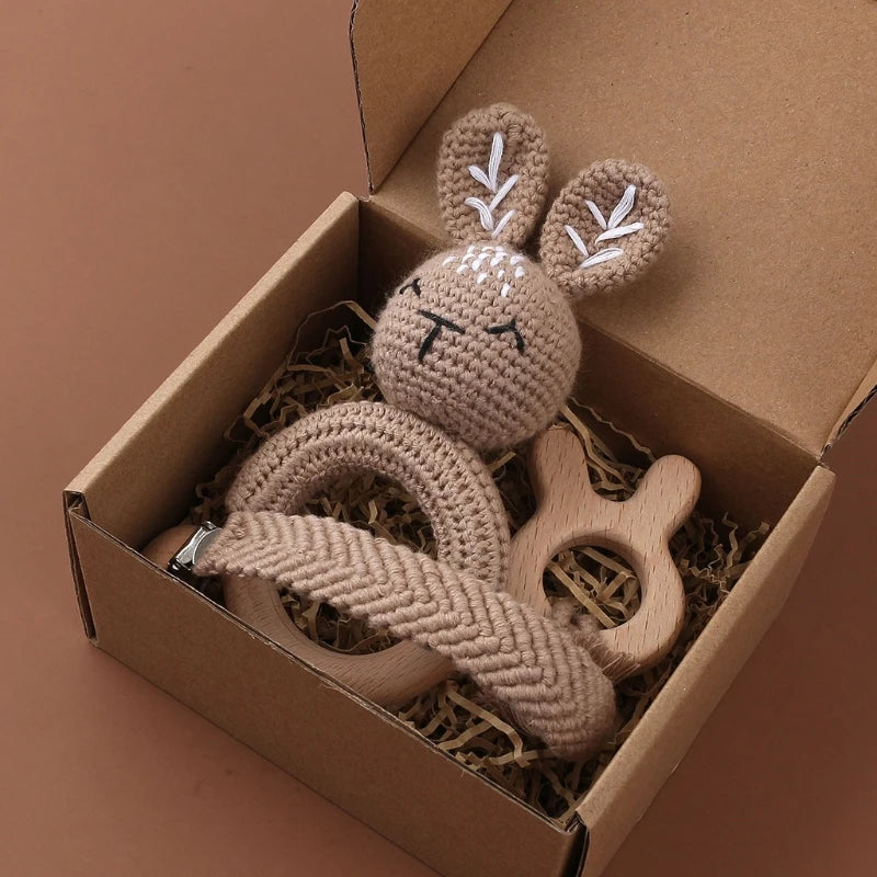 Crochet Bunny Baby Teether & Rattle Set | Beech Wooden Teething Ring + Pacifier Clip | Newborn Montessori Educational Toy
