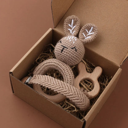 Crochet Bunny Baby Teether & Rattle Set | Beech Wooden Teething Ring + Pacifier Clip | Newborn Montessori Educational Toy