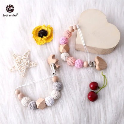 Baby Pacifier Chain – Elephant Wooden Clip with Geometric Crochet Beads | Teething Toy, Dummy Clip & Pacifier Holder for Infants