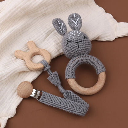 Crochet Bunny Baby Teether & Rattle Set | Beech Wooden Teething Ring + Pacifier Clip | Newborn Montessori Educational Toy