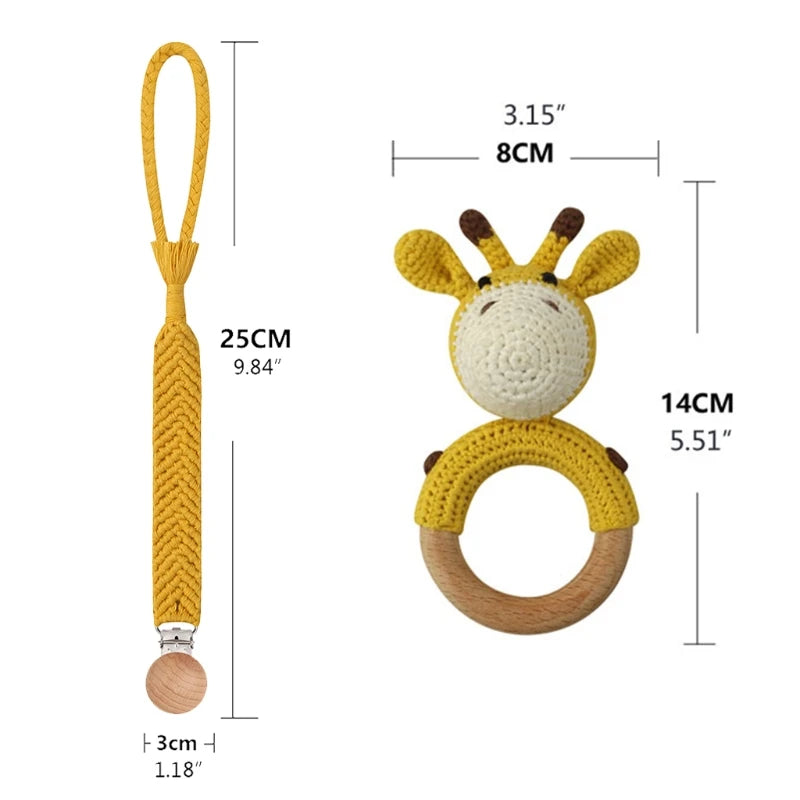 Crochet Bunny Baby Teether & Rattle Set | Beech Wooden Teething Ring + Pacifier Clip | Newborn Montessori Educational Toy