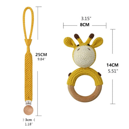 Crochet Bunny Baby Teether & Rattle Set | Beech Wooden Teething Ring + Pacifier Clip | Newborn Montessori Educational Toy