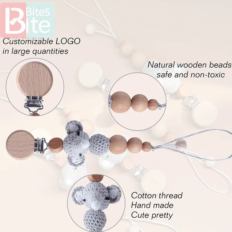 Baby Pacifier Chain – Elephant Wooden Clip with Geometric Crochet Beads | Teething Toy, Dummy Clip & Pacifier Holder for Infants