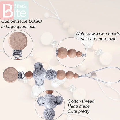 Baby Pacifier Chain – Elephant Wooden Clip with Geometric Crochet Beads | Teething Toy, Dummy Clip & Pacifier Holder for Infants