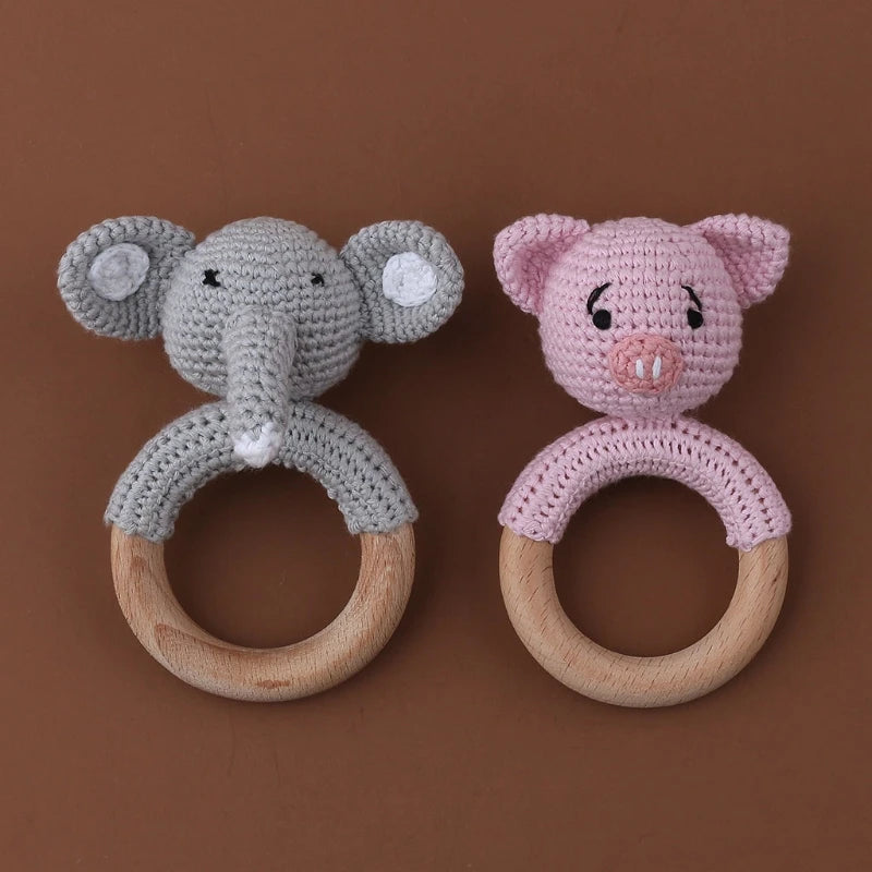 Crochet Bunny Baby Teether & Rattle Set | Beech Wooden Teething Ring + Pacifier Clip | Newborn Montessori Educational Toy