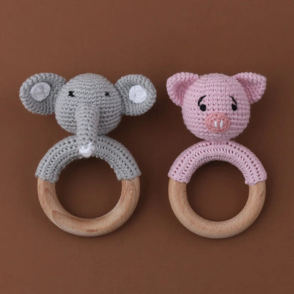 Crochet Bunny Baby Teether & Rattle Set | Beech Wooden Teething Ring + Pacifier Clip | Newborn Montessori Educational Toy