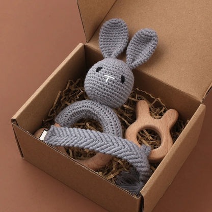 Crochet Bunny Baby Teether & Rattle Set | Beech Wooden Teething Ring + Pacifier Clip | Newborn Montessori Educational Toy