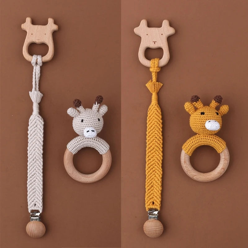 Crochet Bunny Baby Teether & Rattle Set | Beech Wooden Teething Ring + Pacifier Clip | Newborn Montessori Educational Toy