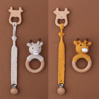 Crochet Bunny Baby Teether & Rattle Set | Beech Wooden Teething Ring + Pacifier Clip | Newborn Montessori Educational Toy