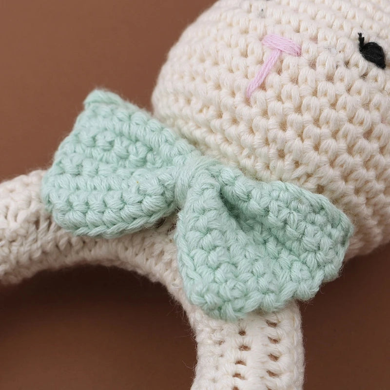 Crochet Bunny Baby Teether & Rattle Set | Beech Wooden Teething Ring + Pacifier Clip | Newborn Montessori Educational Toy
