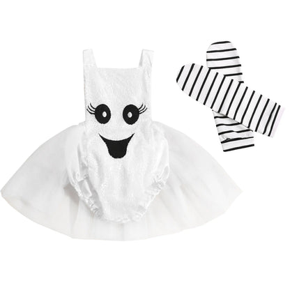 Baby Girl Halloween Outfit | Sleeveless Sequin Tulle Romper Jumpsuit + Striped Leg Warmers | Infant Toddler Costume Clothes