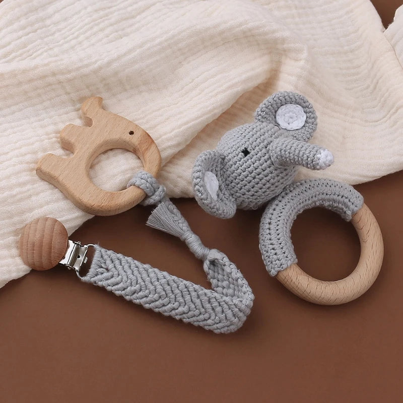 Crochet Bunny Baby Teether & Rattle Set | Beech Wooden Teething Ring + Pacifier Clip | Newborn Montessori Educational Toy