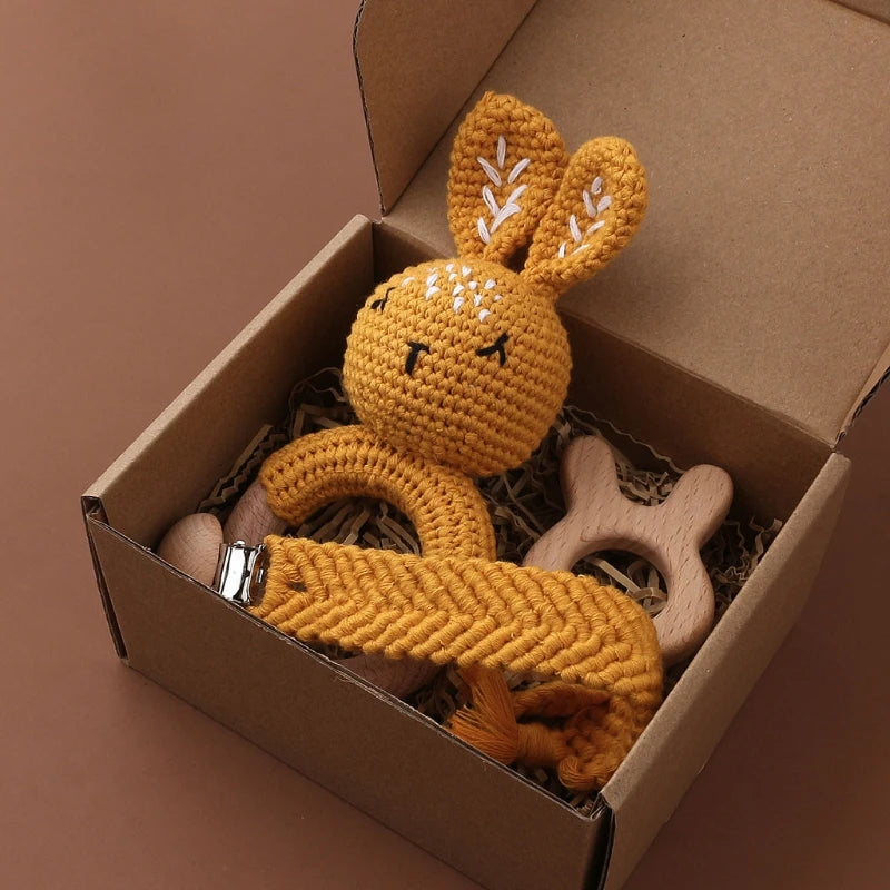 Crochet Bunny Baby Teether & Rattle Set | Beech Wooden Teething Ring + Pacifier Clip | Newborn Montessori Educational Toy