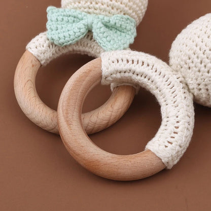 Crochet Bunny Baby Teether & Rattle Set | Beech Wooden Teething Ring + Pacifier Clip | Newborn Montessori Educational Toy