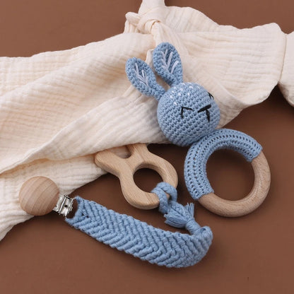Crochet Bunny Baby Teether & Rattle Set | Beech Wooden Teething Ring + Pacifier Clip | Newborn Montessori Educational Toy