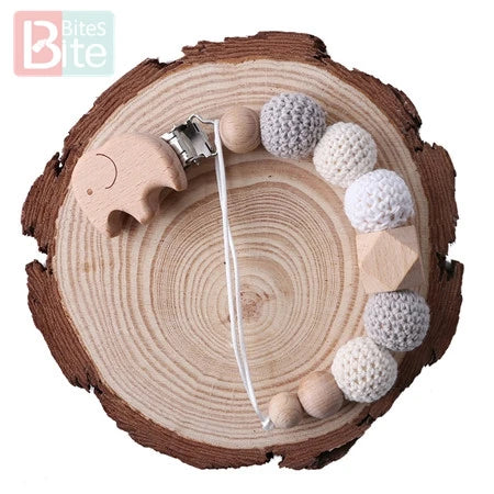 Baby Pacifier Chain – Elephant Wooden Clip with Geometric Crochet Beads | Teething Toy, Dummy Clip & Pacifier Holder for Infants