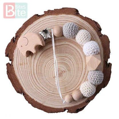 Baby Pacifier Chain – Elephant Wooden Clip with Geometric Crochet Beads | Teething Toy, Dummy Clip & Pacifier Holder for Infants