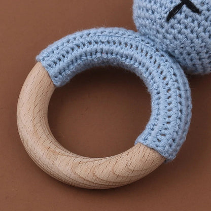 Crochet Bunny Baby Teether & Rattle Set | Beech Wooden Teething Ring + Pacifier Clip | Newborn Montessori Educational Toy