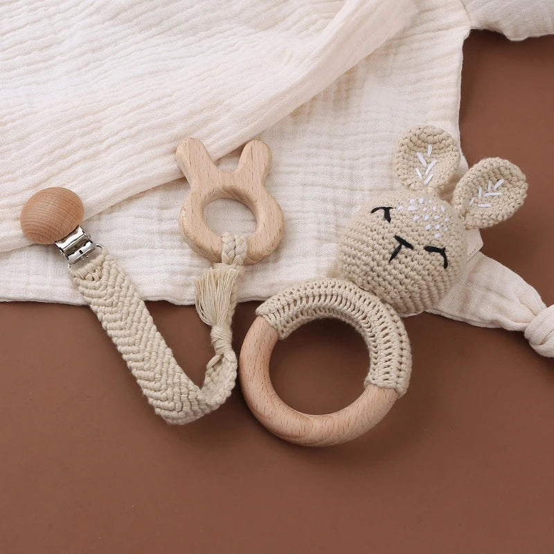 Crochet Bunny Baby Teether & Rattle Set | Beech Wooden Teething Ring + Pacifier Clip | Newborn Montessori Educational Toy