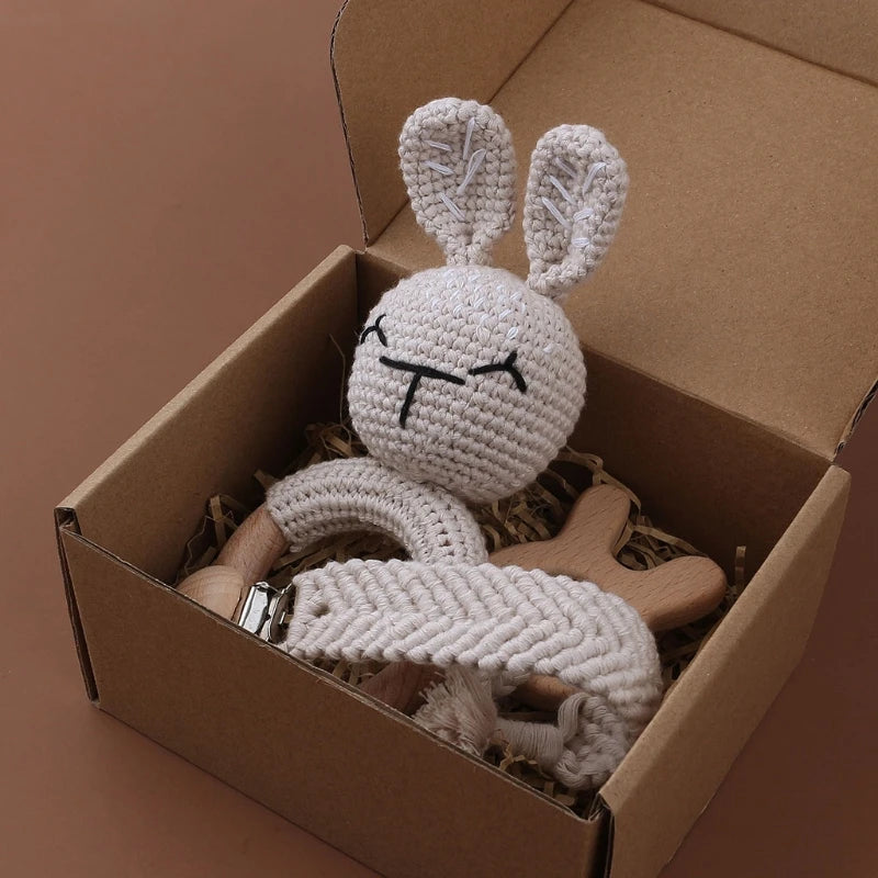 Crochet Bunny Baby Teether & Rattle Set | Beech Wooden Teething Ring + Pacifier Clip | Newborn Montessori Educational Toy