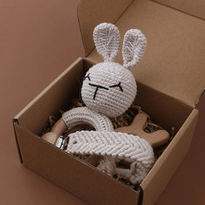 Crochet Bunny Baby Teether & Rattle Set | Beech Wooden Teething Ring + Pacifier Clip | Newborn Montessori Educational Toy