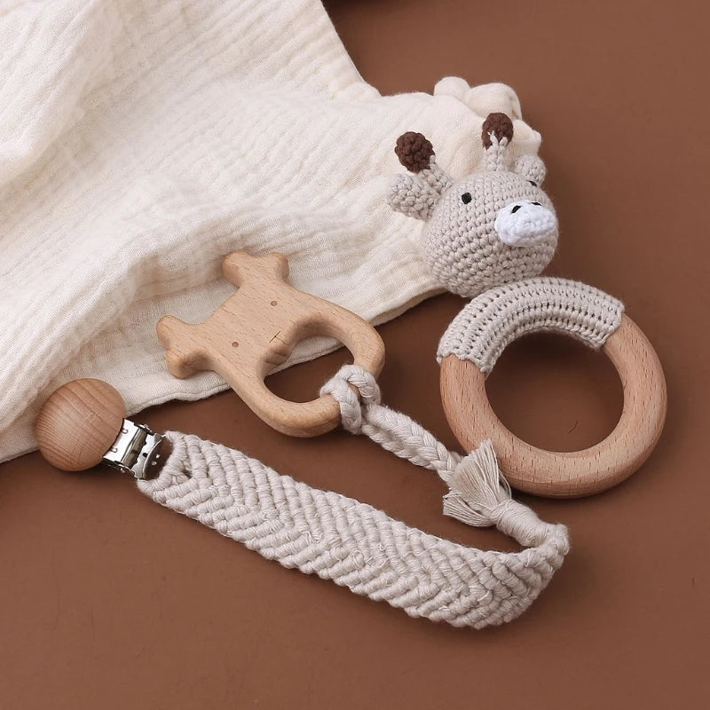 Crochet Bunny Baby Teether & Rattle Set | Beech Wooden Teething Ring + Pacifier Clip | Newborn Montessori Educational Toy