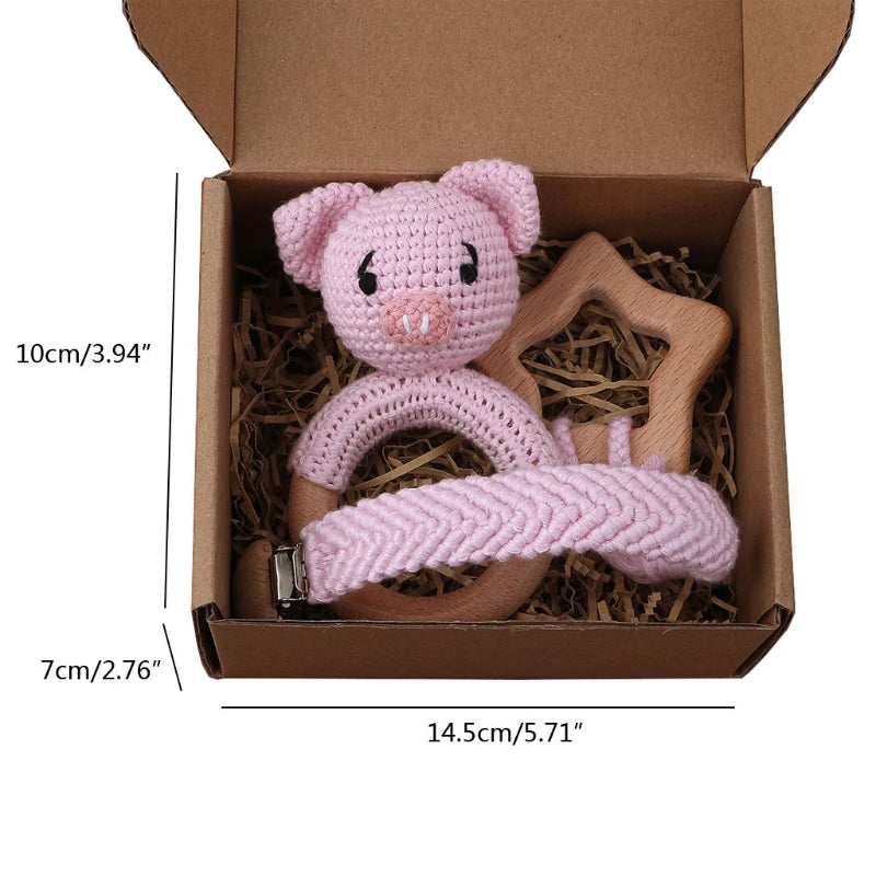 Crochet Bunny Baby Teether & Rattle Set | Beech Wooden Teething Ring + Pacifier Clip | Newborn Montessori Educational Toy