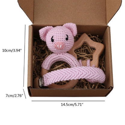 Crochet Bunny Baby Teether & Rattle Set | Beech Wooden Teething Ring + Pacifier Clip | Newborn Montessori Educational Toy