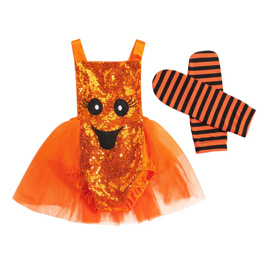 Baby Girl Halloween Outfit | Sleeveless Sequin Tulle Romper Jumpsuit + Striped Leg Warmers | Infant Toddler Costume Clothes