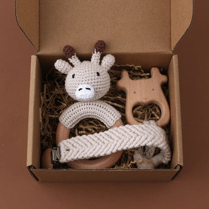 Crochet Bunny Baby Teether & Rattle Set | Beech Wooden Teething Ring + Pacifier Clip | Newborn Montessori Educational Toy