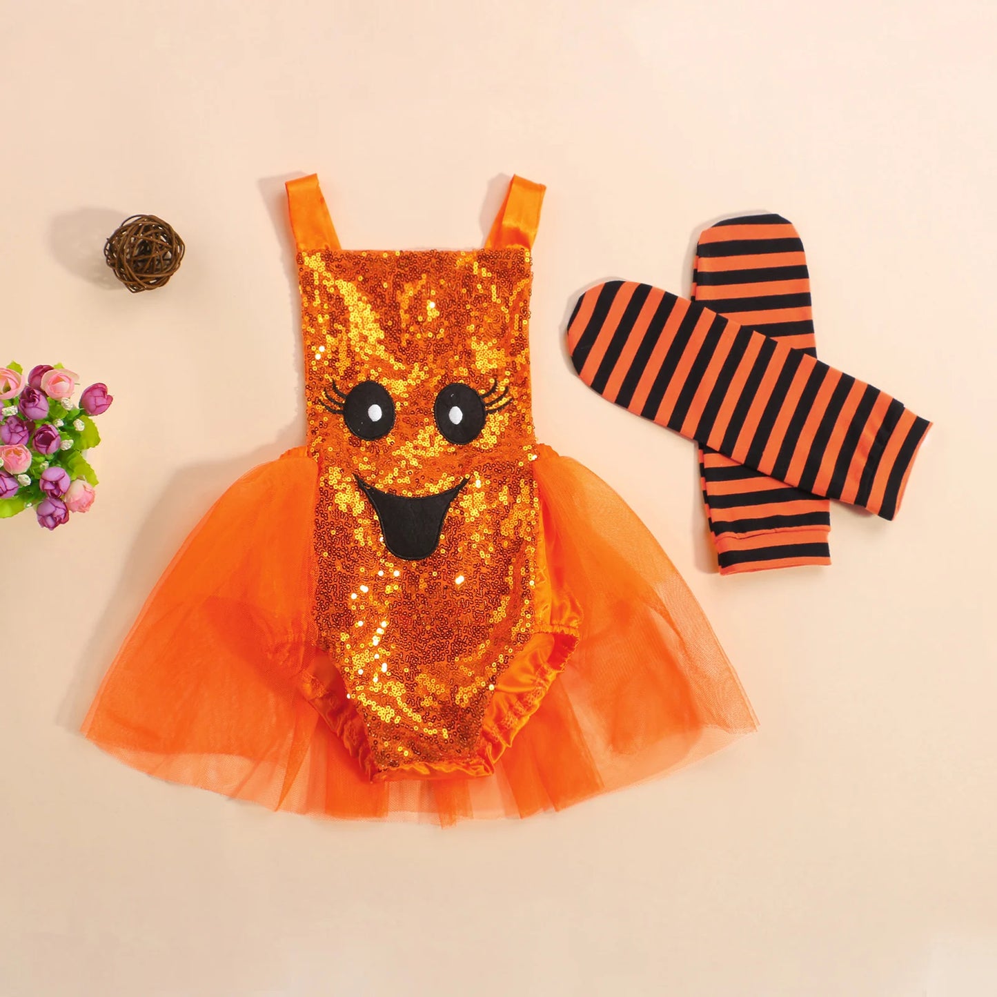 Baby Girl Halloween Outfit | Sleeveless Sequin Tulle Romper Jumpsuit + Striped Leg Warmers | Infant Toddler Costume Clothes