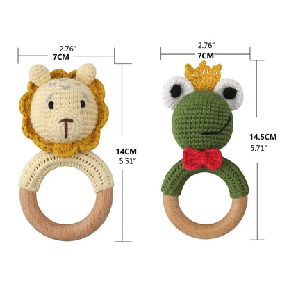 Crochet Bunny Baby Teether & Rattle Set | Beech Wooden Teething Ring + Pacifier Clip | Newborn Montessori Educational Toy