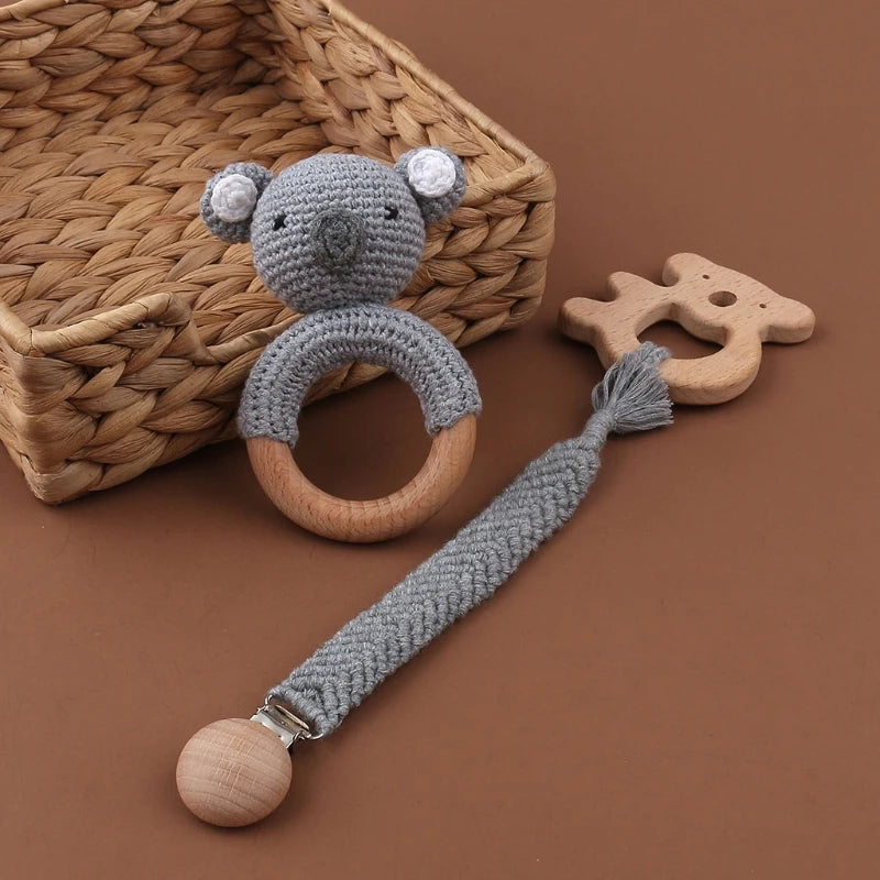 Crochet Bunny Baby Teether & Rattle Set | Beech Wooden Teething Ring + Pacifier Clip | Newborn Montessori Educational Toy