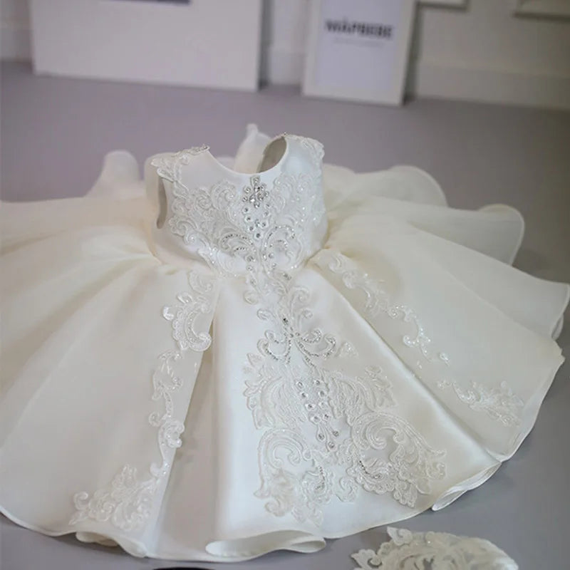 Baby Girl Elegant Dress | White & Pink Princess Outfit | 1st Birthday, Baptism, Christmas & Christening Party Dress