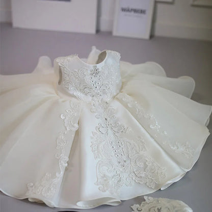 Baby Girl Elegant Dress | White & Pink Princess Outfit | 1st Birthday, Baptism, Christmas & Christening Party Dress