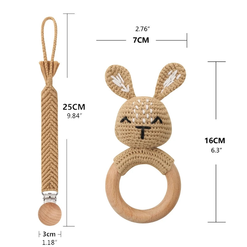 Crochet Bunny Baby Teether & Rattle Set | Beech Wooden Teething Ring + Pacifier Clip | Newborn Montessori Educational Toy