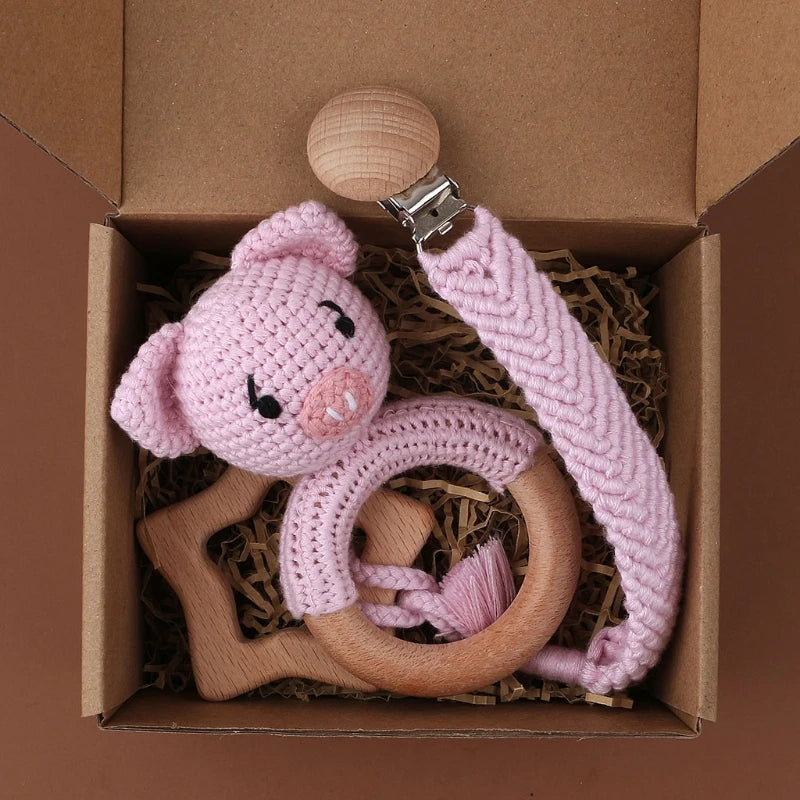 Crochet Bunny Baby Teether & Rattle Set | Beech Wooden Teething Ring + Pacifier Clip | Newborn Montessori Educational Toy